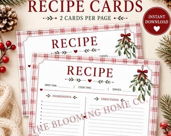 Christmas Plaid Recipe Cards Printable, Holiday Recipe Cards, Christmas Recipe Card Template, Printable Recipe Cards