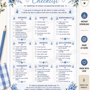 Könnte beinhalten: Eine druckbare Checkliste für Charaktereigenschaften mit blauen Blumenrändern und Texten wie Kindness, Honesty, Responsibility, Respect, Patience, Self-Control, Generosity, Gratitude und Faithfulness sowie Kontrollkästchen für die tägliche Verfolgung.