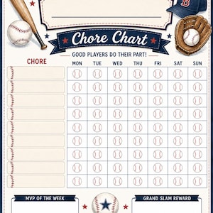 Puede incluir: Una tabla de tareas con temática de béisbol que incluye un bate de madera, una pelota, un guante y una gorra azul con una B roja. La tabla incluye columnas para los días de la semana, filas para tareas y secciones para MVP de la semana.
