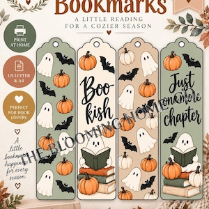 May include: A set of four printable bookmarks featuring fall-themed illustrations of ghosts, pumpkins, and bats. Two bookmarks include the text 'Boo kish' and 'Just one more chapter'. The designs are set against sage green and beige backgrounds.
