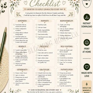 Könnte beinhalten: Eine druckbare Checkliste für Charaktereigenschaften mit Kategorien wie Freundlichkeit, Ehrlichkeit und Verantwortung. Das Dokument enthält Kontrollkästchen für tägliche Ziele, florale Illustrationen und den Text 'Character Traits Checklist'.