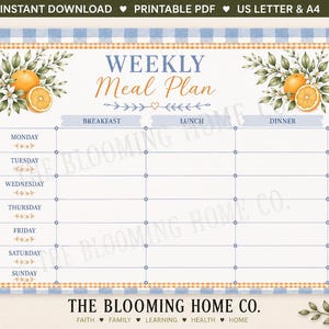 May include: A weekly meal plan printable template featuring a blue gingham border and orange fruit illustrations. The grid includes columns for breakfast, lunch, and dinner, with rows for each day of the week. Text includes Weekly Meal Plan.