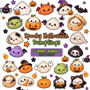 Peut inclure: Un ensemble de cliparts numériques représentant divers raviolis et personnages d'Halloween mignons de style dessin animé. Le texte central indique Spooky Halloween Dumplings et CLIPART BUNDLE 35 PNG + 1 SVG. Inclut fantômes, citrouilles, chauves-souris.