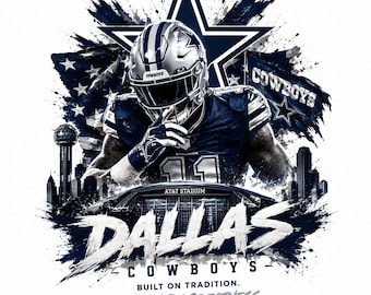 May include: A graphic design featuring a Dallas Cowboys football player in a helmet and jersey, a large star, the AT&T Stadium, and the text DALLAS COWBOYS, BUILT ON TRADITION, DRIVEN BY GREATNESS, with a dark blue and white color scheme throughout.