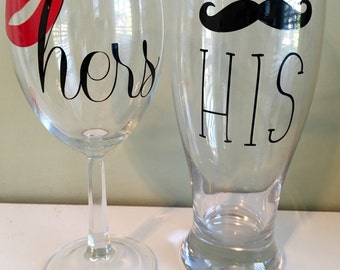 His and Hers Drinkware for wedding / bridal shower. Set of 2. Wine glass and beer / pilsner