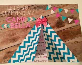 Invitación a acampar, fiesta de pijamas glamping, fiesta de pijamas, tienda de campaña, fiesta de cumpleaños en 3D