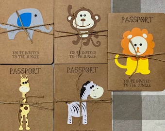 Jungle, Safari, Elephant, Giraffe, Zebra, Monkey and Lion Animal Passport Birthday Invitation or Shower Announcement