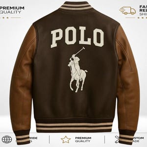 May include: A brown varsity jacket with tan leather sleeves and a ribbed collar, cuffs, and hem featuring tan stripes. The back displays the word POLO in large cream letters above a cream-colored graphic of a polo player riding a horse.