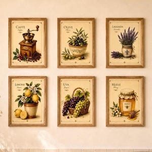 Vintage Italian Kitchen Prints Set of 6 Printable Wall Art, Rustic Farmhouse Kitchen Decor, Italian Food Poster, Digital Download