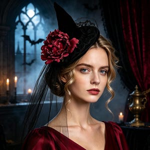 May include: A black velvet witch hat featuring a large, deep red peony flower accent and a sheer black lace veil. The hat is adorned with intricate black lace trim along the brim, creating a dark, layered aesthetic with floral and fabric textures.