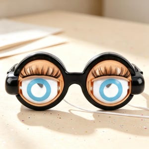 May include: Novelty glasses featuring large, round black frames with attached plastic eyeballs. The eyes have light blue irises, white sclera, and long, dark synthetic eyelashes positioned above the pupils. The design mimics wide-open eyes.