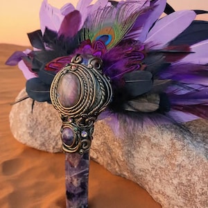 Feather Wand | Crystal Tower | Amethyst Stone | Polymer Clay Gemstone | Sage Kit | Shaman | Abalone Shell | Pagan | Labradorite