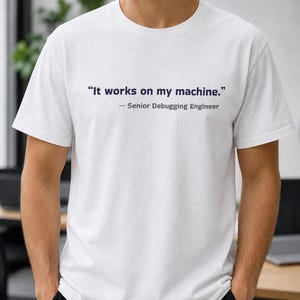 Könnte beinhalten: Ein weißes kurzärmeliges T-Shirt mit dem dunkelblauen Text "It works on my machine." gefolgt von dem grauen Text "— Senior Debugging Engineer", der in einer klaren serifenlosen Schrift mittig auf der Brust gedruckt ist.