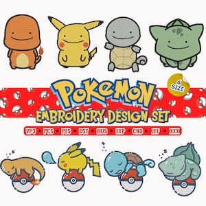 May include: A digital embroidery design set featuring eight stylized characters. The top row shows four standing figures, while the bottom row depicts four sleeping figures resting on Poké Balls. The text reads POKEMON EMBROIDERY DESIGN SET.
