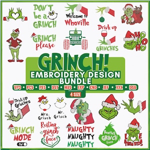 Op de afbeelding: Een digitaal borduurontwerppakket met diverse groene Grinch-illustraties en tekstzinnen zoals Don't be a Grinch, Welcome to Whoville, Drink up Grinches, Grinch please, Grinch mode on en Naughty, inclusief meerdere bestandsformaten.