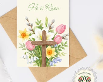 Cartão de Páscoa "Ele Ressuscitou" para Imprimir | Páscoa Cristã da Ressurreição | Cruz Floral