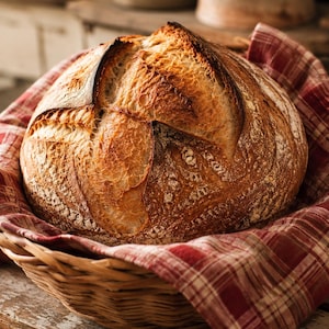 Puede incluir: Una hogaza redonda de pan de masa madre con una corteza dorada y marcada se encuentra dentro de una cesta de mimbre tejida forrada con una tela de cuadros rojos y blancos. El pan tiene un corte en forma de cruz en la parte superior.