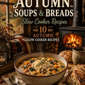 Könnte beinhalten: Ein Kochbuch mit dem Titel Fallmoon Farm Autumn Soups & Breads Slow Cooker Recipes, das eine Schüssel dampfende Gemüsesuppe mit geriebenem Käse und Kräutern, ein knuspriges Brot und einen silbernen Löffel auf einem Holztisch zeigt.