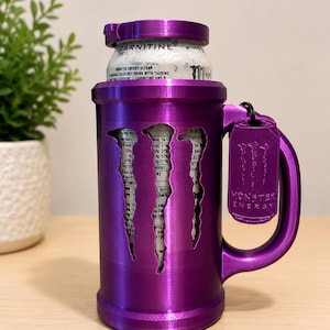 Taza portalatas delgada impresa en 3D con asa, tapa y abrelatas.