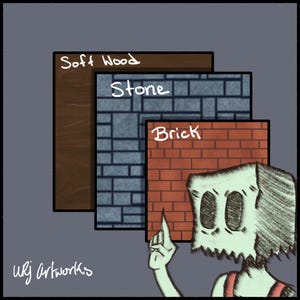 May include: A digital illustration featuring three square panels labeled Soft Wood, Stone, and Brick. A character with a paper bag head points toward the panels. The text URJ Artworks is visible in the bottom left corner of the gray background.