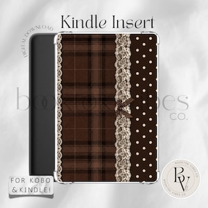 May include: A Kindle insert featuring a brown plaid pattern on the left, a vertical strip of cream-colored lace with a small brown polka-dot bow in the center, and a dark brown section with white polka dots on the right. Text reads Kindle Insert.