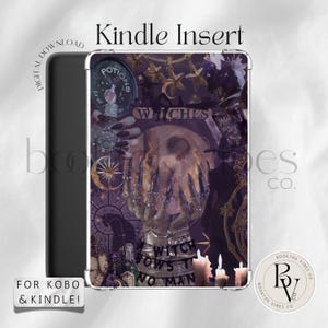 May include: A rectangular Kindle insert featuring a dark purple collage with witch-themed imagery, including potion bottles, stars, a crescent moon, and text reading "WITCHES" and "A WITCH BOWS TO NO MAN" with a pair of hands holding a glowing orb.