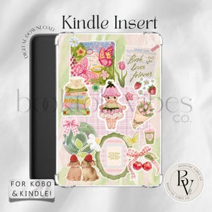 May include: A Kindle insert featuring a collage of illustrations including a pink butterfly, a stack of books, a doll in a flower hat, a library card with the text Book lover forever, strawberries, a tulip, a bouquet, and two rabbits with strawberries.