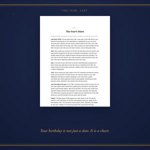 Op de afbeelding: Een wit documentblad met de titel The Year's Dates met zwarte tekst die astrologische gebeurtenissen van maart tot augustus beschrijft. De pagina is gecentreerd op een donkerblauwe achtergrond met een gouden rand en de tekst Your birthday is not just a date. It is a chart.