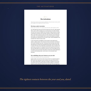 Op de afbeelding: Een wit documentblad met de titel The Activations, voorzien van zwarte gedrukte tekst in alinea's en koppen. Het document is gecentreerd op een donkerblauwe achtergrond met een dunne gouden rand en de tekst The tightest contacts between the year and you, dated onderaan.