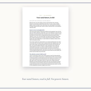May include: A white document page featuring black printed text titled Your natal Saturn, in full. The content discusses astrological concepts including Saturn in Aries, the disciplined fire, and the authority you had to build yourself.