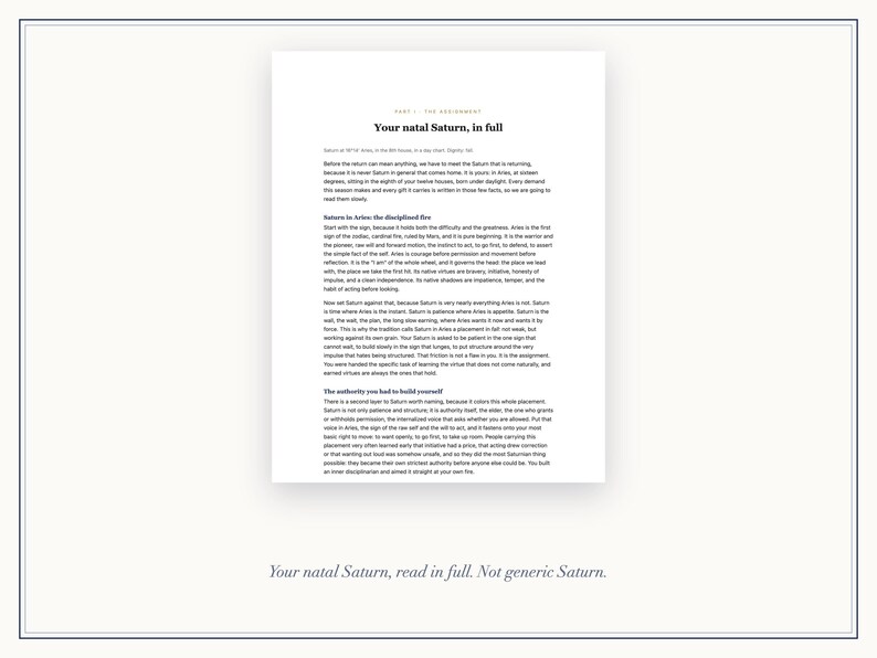 May include: A white document page featuring black printed text titled Your natal Saturn, in full. The content discusses astrological concepts including Saturn in Aries, the disciplined fire, and the authority you had to build yourself.