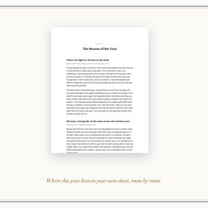 Op de afbeelding: Een witte documentpagina met zwarte gedrukte tekst getiteld The Rooms of the Year, met de tussenkopjes Where the light is the Sun in the sixth en Mercury, retrograde, in the same room: the revision year, eindigend met de tekst Where this year lives in your own chart, room by room.