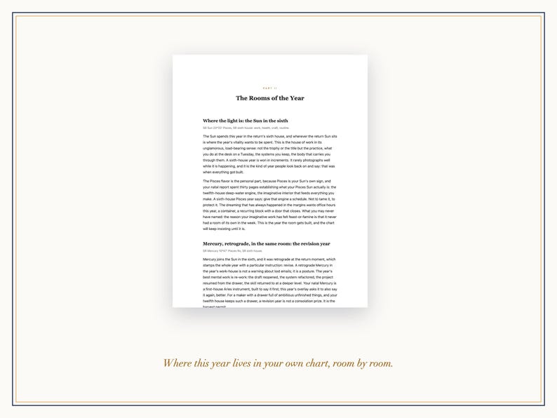 Op de afbeelding: Een witte documentpagina met zwarte gedrukte tekst getiteld The Rooms of the Year, met de tussenkopjes Where the light is the Sun in the sixth en Mercury, retrograde, in the same room: the revision year, eindigend met de tekst Where this year lives in your own chart, room by room.