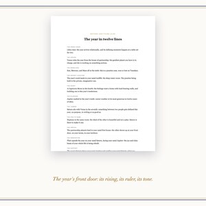 Op de afbeelding: Een wit rechthoekig document met zwarte tekst getiteld The year in twelve lines. De inhoud bevat twaalf afzonderlijke secties met koppen zoals The Front Door, The Ruler en The Workload, gevolgd door beschrijvende zinnen.