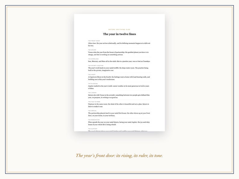Op de afbeelding: Een wit rechthoekig document met zwarte tekst getiteld The year in twelve lines. De inhoud bevat twaalf afzonderlijke secties met koppen zoals The Front Door, The Ruler en The Workload, gevolgd door beschrijvende zinnen.