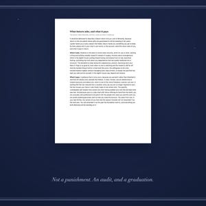 May include: A white rectangular document featuring black printed text titled What Saturn asks, and what it pays, centered on a dark blue background with a thin white border. The bottom of the image displays the text, Not a punishment. An audit, and a graduation.