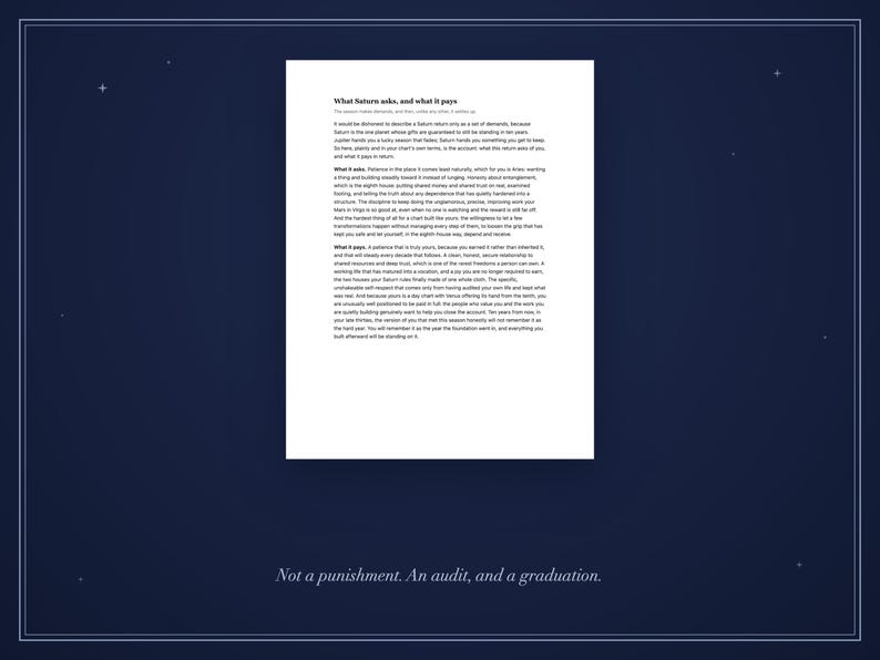 May include: A white rectangular document featuring black printed text titled What Saturn asks, and what it pays, centered on a dark blue background with a thin white border. The bottom of the image displays the text, Not a punishment. An audit, and a graduation.