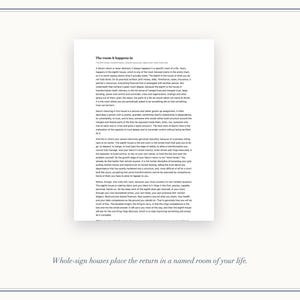 May include: A white document featuring black printed text titled The room it happens in, discussing astrological concepts related to the eighth house and Saturn. Below the main text, the phrase Whole-sign houses place the return in a named room of your life is printed in a smaller, italicized font.