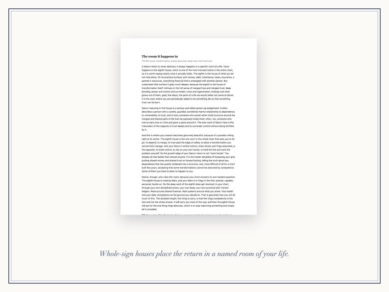 May include: A white document featuring black printed text titled The room it happens in, discussing astrological concepts related to the eighth house and Saturn. Below the main text, the phrase Whole-sign houses place the return in a named room of your life is printed in a smaller, italicized font.