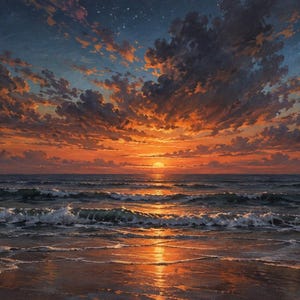 Op de afbeelding: Een levendige zonsondergang boven de oceaan met een heldere oranje zon laag aan de horizon. Donkere, getextureerde wolken vullen de lucht en reflecteren warm goudkleurig en oranje licht op de zachte golven en het natte zand aan de kustlijn.