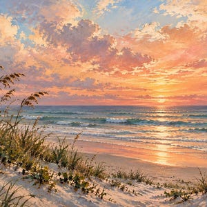 Può includere: Un dipinto a olio di una scena costiera al tramonto. Avena di mare ed erbe dunali crescono su un primo piano sabbioso. Le onde dell'oceano si infrangono sulla riva sotto un cielo pieno di soffici nuvole rosa, arancioni e blu al tramonto.