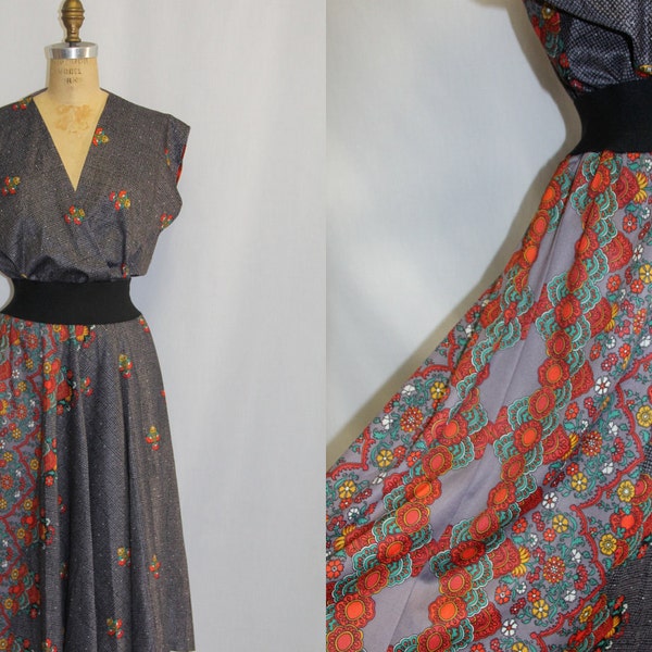 Vintage Dress LARGE - Asymmetric Floral Print