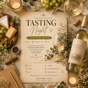 May include: A cream-colored invitation card titled Tasting Night White Wine Edition with gold text, surrounded by a bottle of Sauvignon Blanc, a wine glass, green grapes, cheese, a corkscrew, a pen, and lit candles on a textured fabric surface.