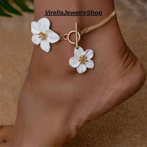 Gold Snake Chain Flower Charm Anklet, Enamel Floral Toggle Clasp Beach Jewelry