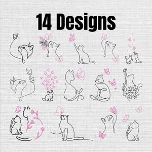 Pode incluir: Uma coleção de 14 designs com ilustrações de linhas pretas de gatos combinadas com borboletas cor-de-rosa e elementos florais. O conjunto inclui várias poses de gatos a interagir com borboletas, flores e pequenas estrelas num fundo claro.