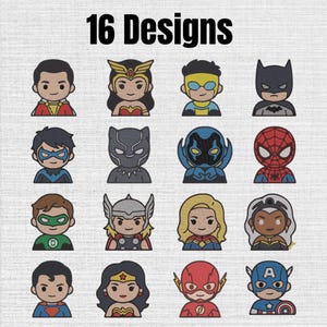 Puede incluir: Una colección de 16 parches bordados con personajes de superhéroes en estilo chibi. La cuadrícula muestra varias figuras, incluyendo Batman, Spider-Man, Wonder Woman y Superman, cada una representada con contornos definidos y colores vibrantes sobre tela clara.