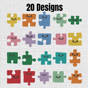 May include: A collection of 20 puzzle pieces in various colours including yellow, orange, blue, green, pink, purple, and red. Each piece features a simple, smiling cartoon face with two black eyes and a small mouth, arranged in four rows.