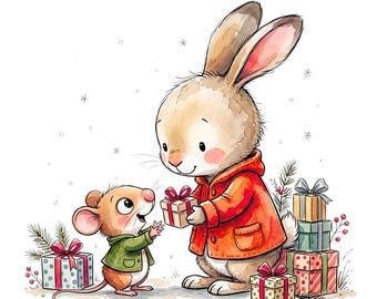 Happy Holidays Bunny and Mouse Postcard
