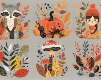Autumn Postcard: Raccoon, Mushrooms, Pumpkin, Floral Accents (4x6 inches)