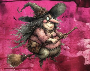 Happy Halloween! A funny and chubby witch riding a broom with a dark pink background.